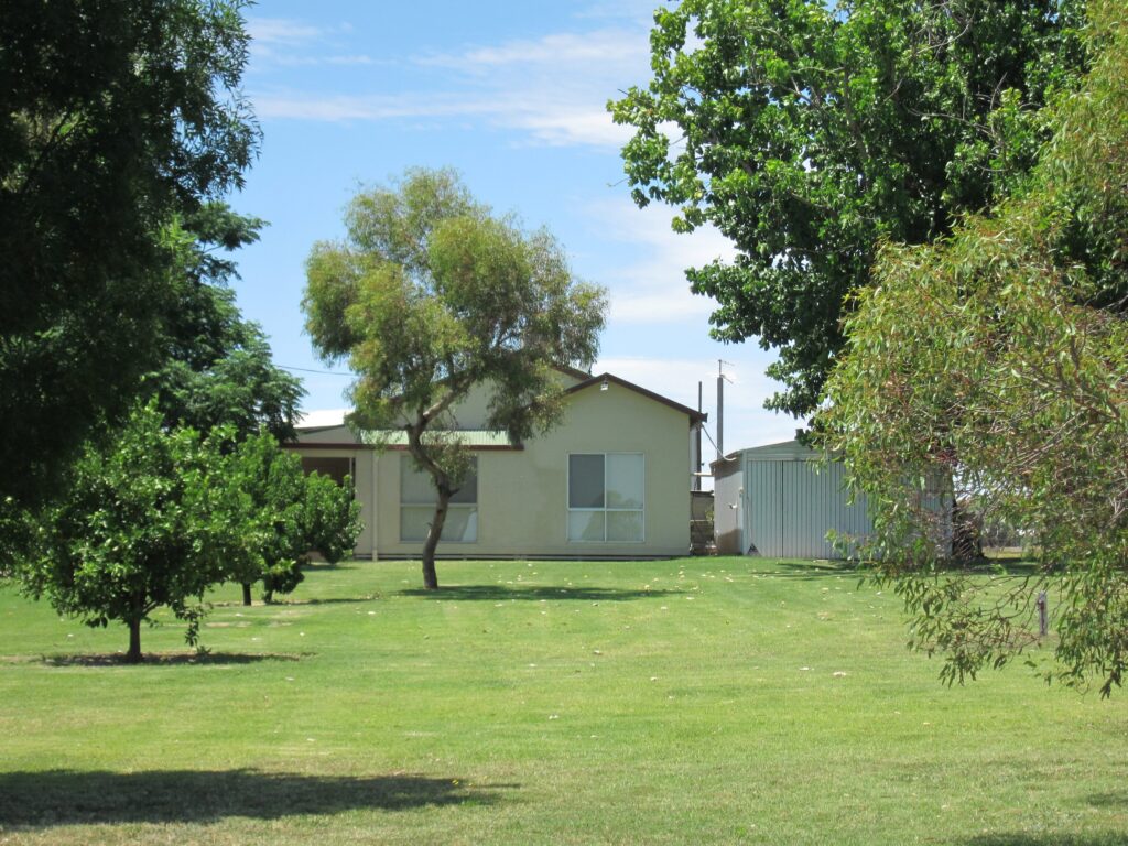 Old house on fruit block. Lawn out front with a number of trees