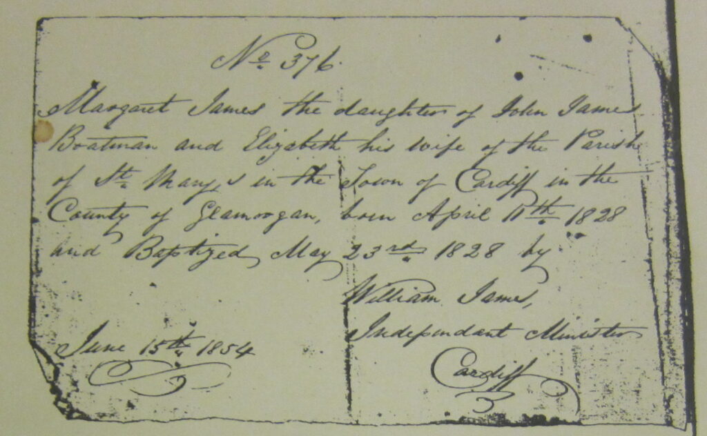 Baptismal record for Margaret James